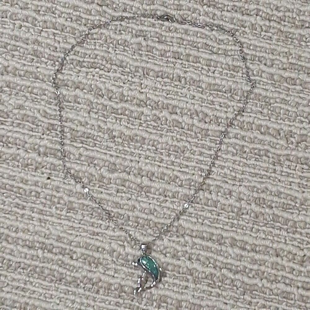 VTG SILVER TONE GREEN ABALONE INLAY DOLPHIN PENDANT NECKLACE OCEAN BEACH SEA